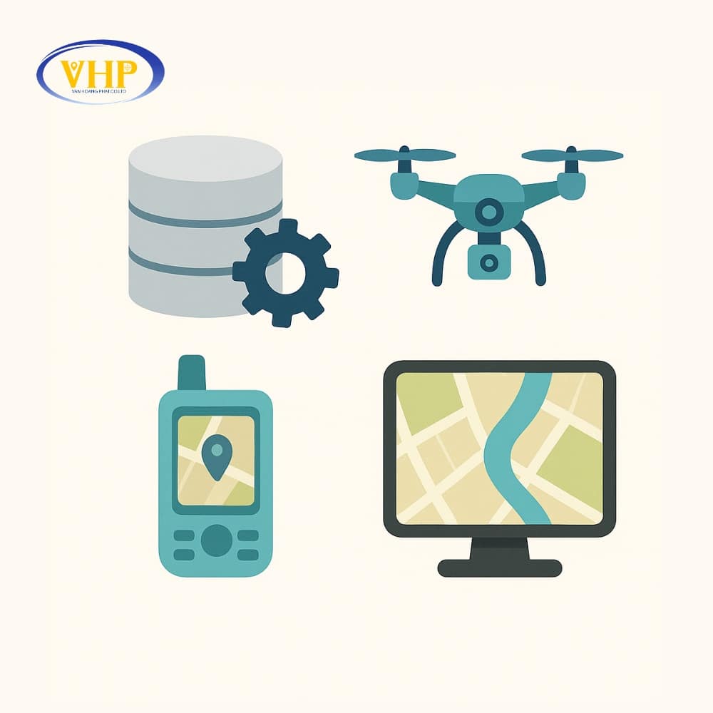 Thành phần chính của bản đồ số gồm: cơ sở dữ liệu địa lý, thiết bị ghi nhận và hiển thị, phần mềm xử lý bản đồ