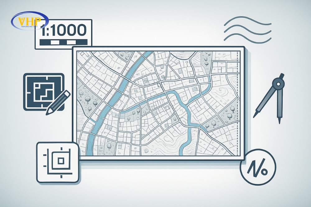 Đặc điểm nổi bật của bình đồ: tỷ lệ lớn, biểu diễn mặt bằng, đường đồng mức, ký hiệu chuyên dụng và độ chính xác cao