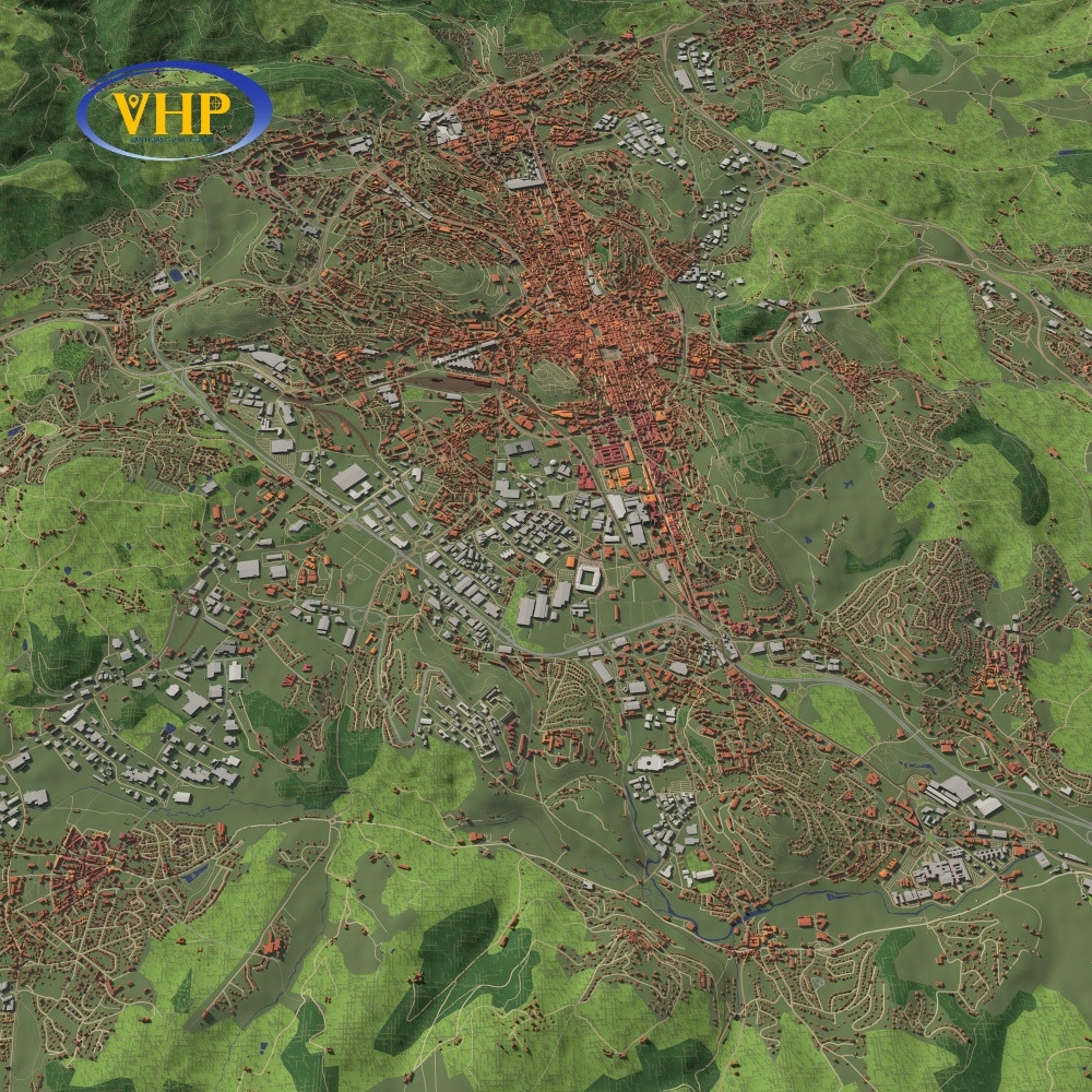 Bản đồ vệ tinh 3D mô phỏng không gian địa lý ba chiều, hỗ trợ hiệu quả trong quy hoạch đô thị, xây dựng và quản lý môi trường