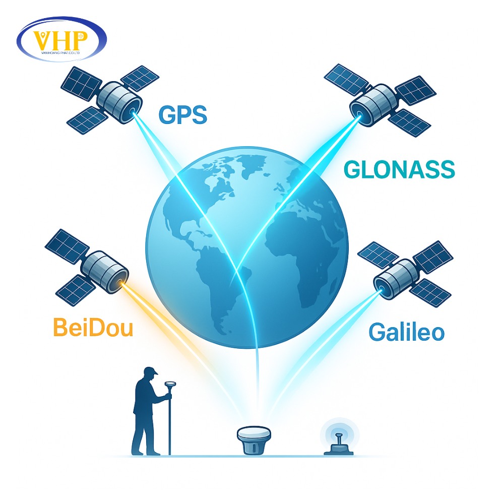Máy GPS RTK 2 tần số hỗ trợ đa vệ tinh GNSS giúp định vị nhanh, ổn định