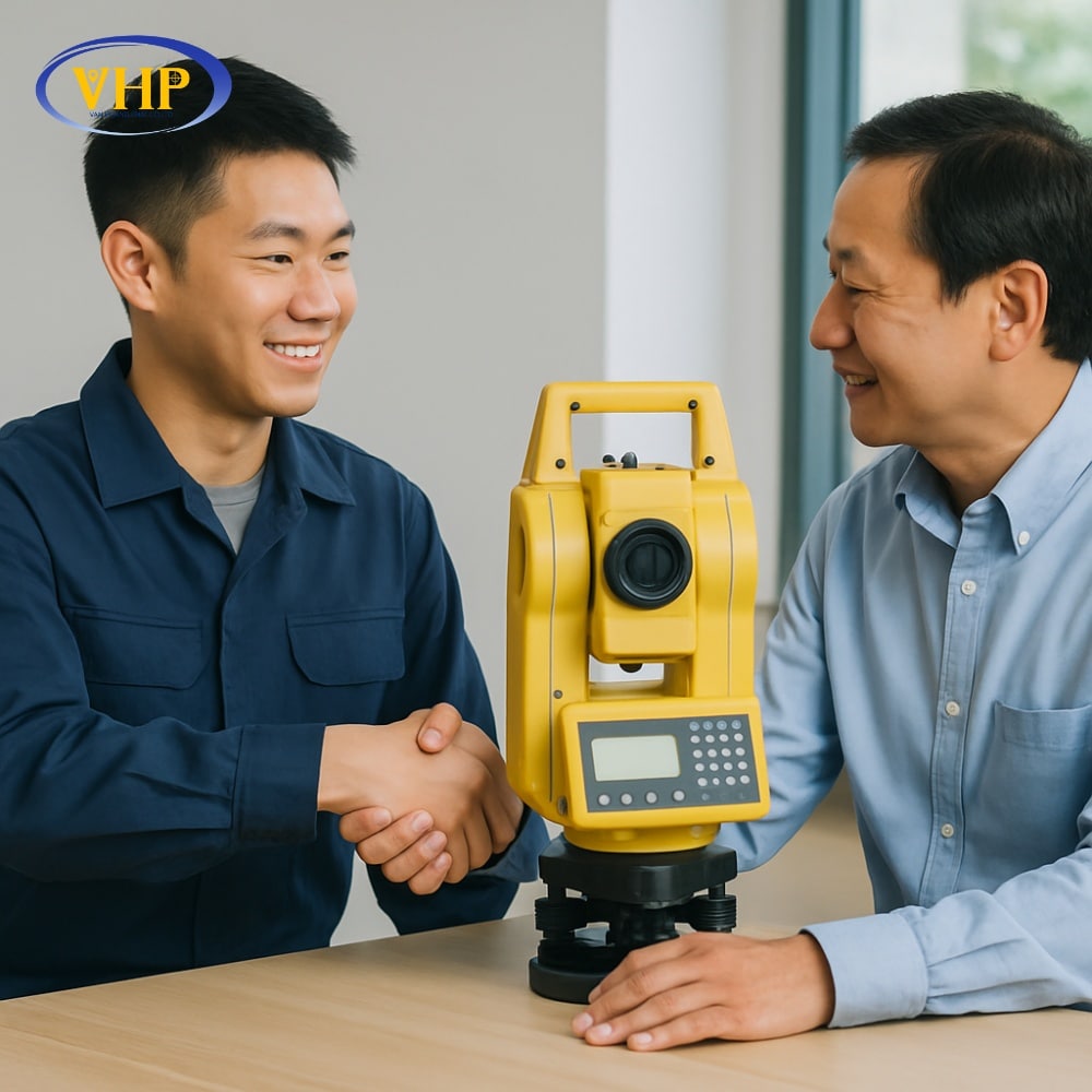 Kỹ sư của Trắc Địa Hoàng Phát tự tin bàn giao máy toàn đạc đã sửa chữa cho khách hàng