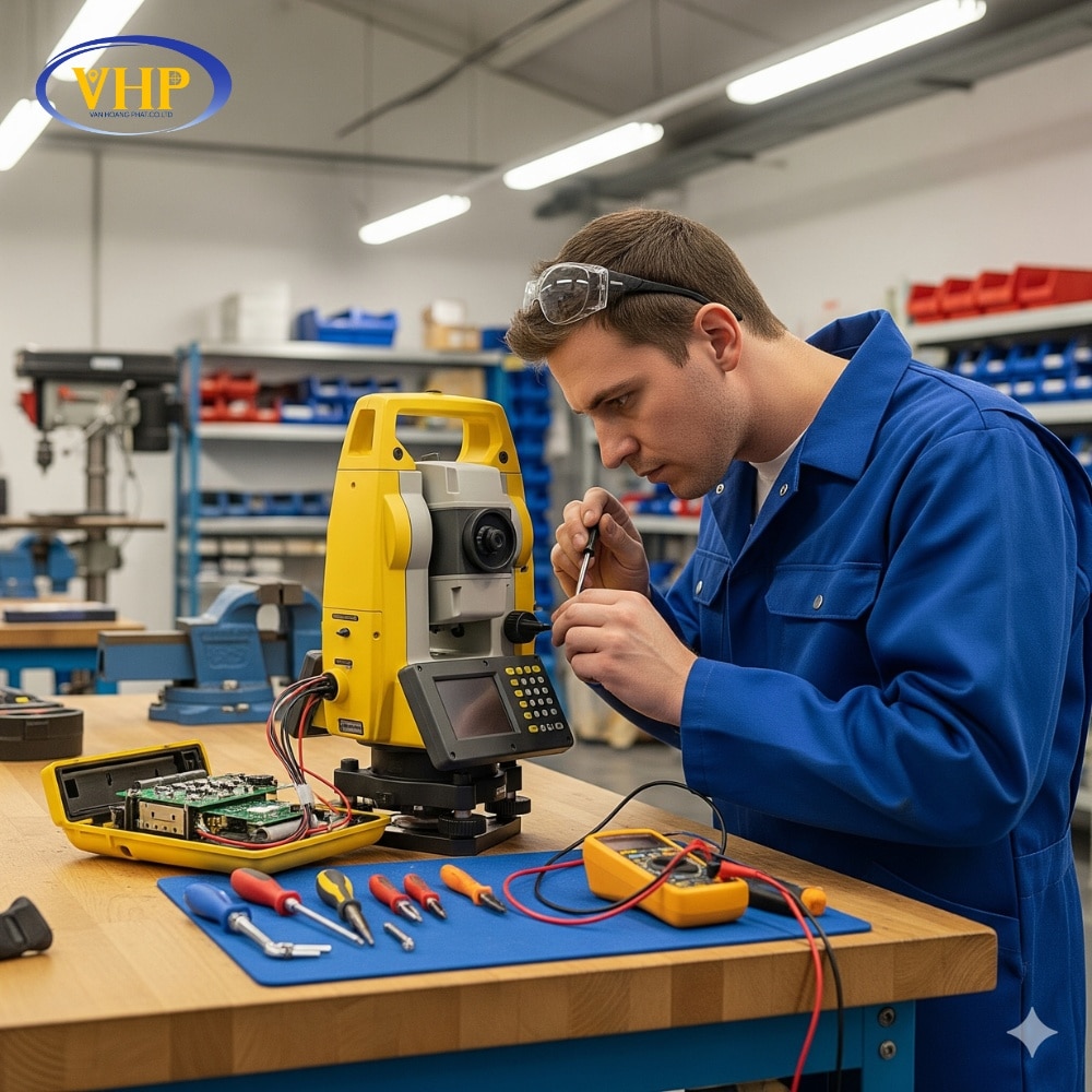Kỹ thuật viên đang sửa chữa máy toàn đạc điện tử trong một xưởng dịch vụ