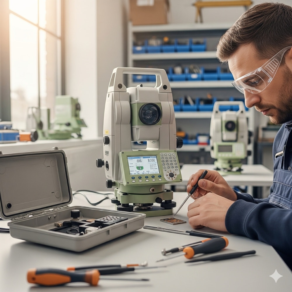 Kỹ thuật viên đang thực hiện sửa chữa nhanh máy toàn đạc điện tử
