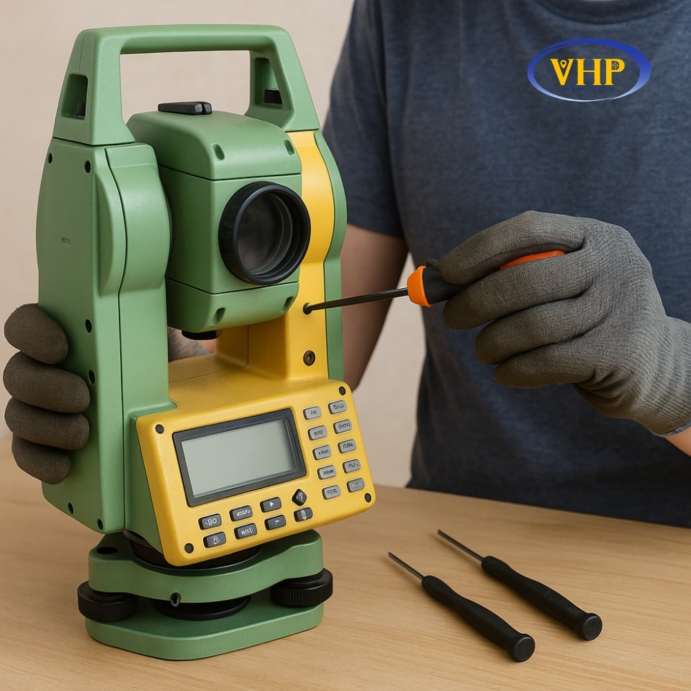 Kỹ thuật viên đang sửa chữa máy toàn đạc